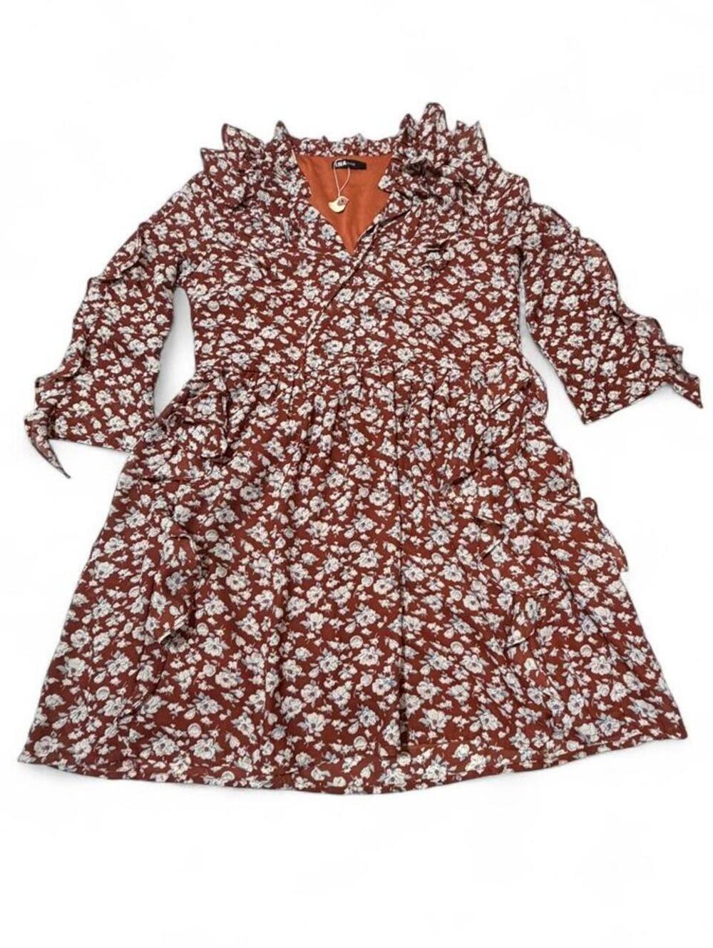 INA Floral Ruffle Dress in Rust Brown - Size M
